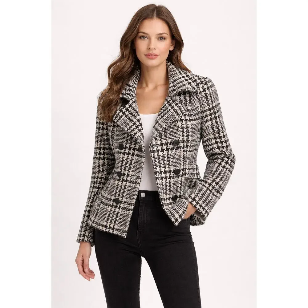 Moda International Houndstooth Peacoat Jacket Wool Blend Black White Sz 8 Preppy - Picture 2 of 5